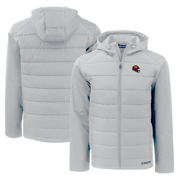 Men's Cutter & Buck Gray Washington Commanders Helmet Evoke Hybrid Eco Softshell Recycled Full-Zip Hoodie Jacket