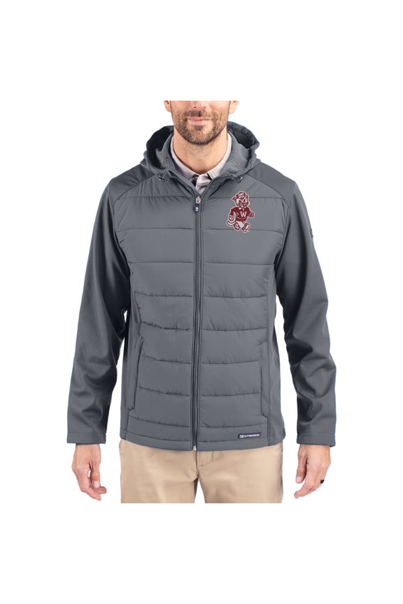 Men's Cutter & Buck Gray Washington State Cougars Evoke Hybrid Eco Softshell Recycled Full Zip Hooded Jacket