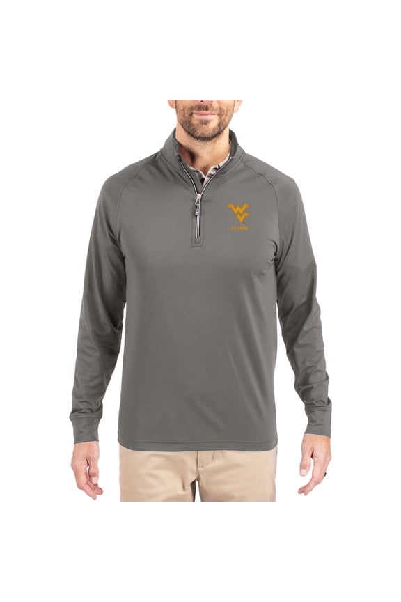 Men's Cutter & Buck Gray West Virginia Mountaineers Alumni Logo Adapt Eco Knit Stretch Raglan Quarter-Zip Pullover
