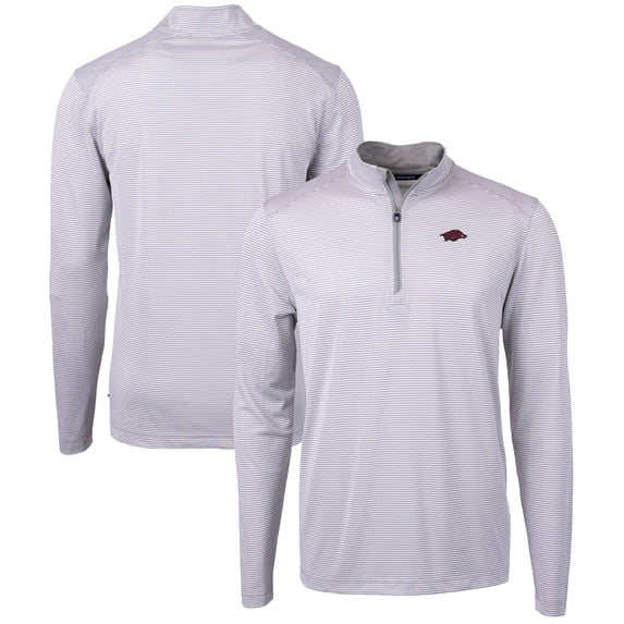 Men's Cutter & Buck Gray/White Arkansas Razorbacks Big & Tall Virtue Eco Pique Micro Stripe Recycled Quarter-Zip