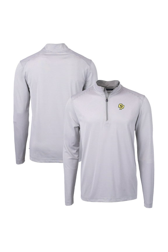 Men's Cutter & Buck Gray/White Cal Poly Mustangs Big & Tall Virtue Eco Pique Micro Stripe Recycled Quarter-Zip Pullover