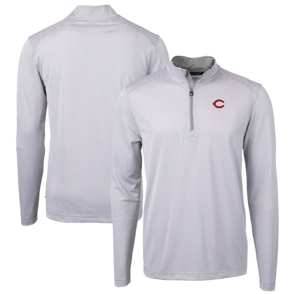 Men's Cutter & Buck Gray/White Cincinnati Reds Virtue Eco Pique Micro Stripe Recycled Quarter-Zip Pullover Top