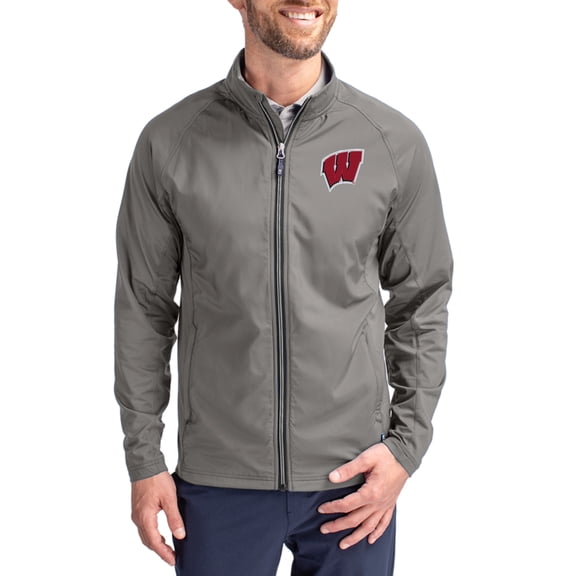 Men's Cutter & Buck Gray Wisconsin Badgers Primary Logo Adapt Eco Knit Raglan Full-Zip Jacket