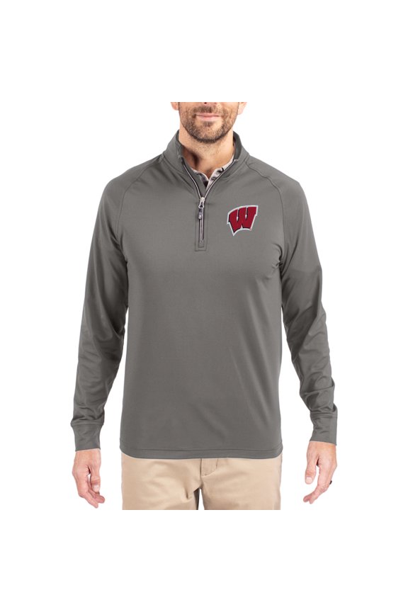 Men's Cutter & Buck Gray Wisconsin Badgers Primary Logo Adapt Eco Knit Stretch Raglan Quarter-Zip Pullover