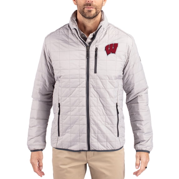 Men's-Cutter & Buck Gray Wisconsin Badgers Rainier Eco Insulated PrimaLoft Full-Zip Puffer Jacket