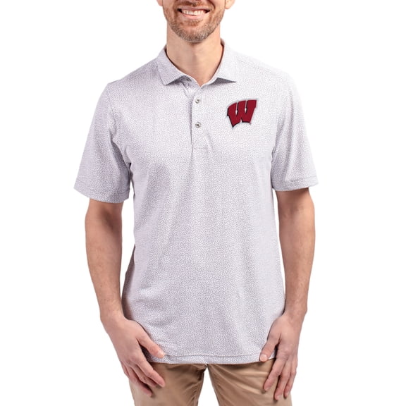 Men's Cutter & Buck  Gray Wisconsin Badgers Virtue Eco Pique Botanical Print Recycled DryTec Polo