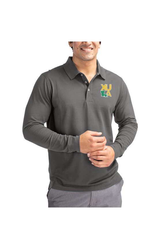 Men's Cutter & Buck Gray Xavier University of Louisiana Gold Rush Advantage Eco Tri-Blend Pique Long Sleeve Polo