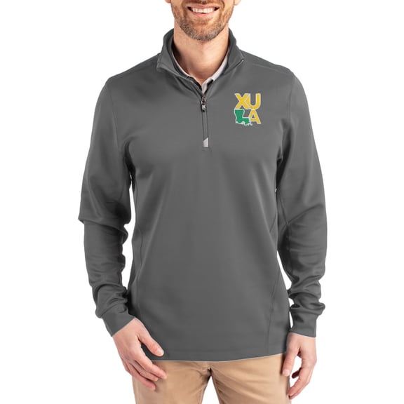 Men's-Cutter & Buck Gray Xavier University of Louisiana Gold Rush DryTec Traverse Stretch Eco Tri-Blend Quarter-Zip