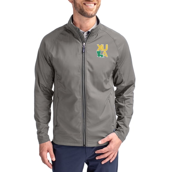 Men's Cutter & Buck Gray Xavier University of Louisiana Gold Rush Primary Logo Adapt Eco Knit Raglan Full-Zip Jacket