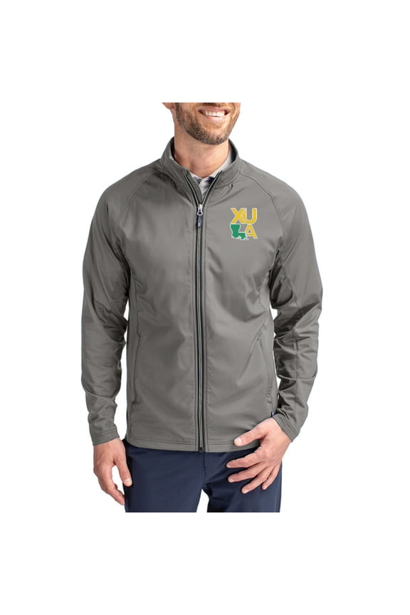 Men's Cutter & Buck Gray Xavier University of Louisiana Gold Rush Primary Logo Adapt Eco Knit Raglan Full-Zip Jacket
