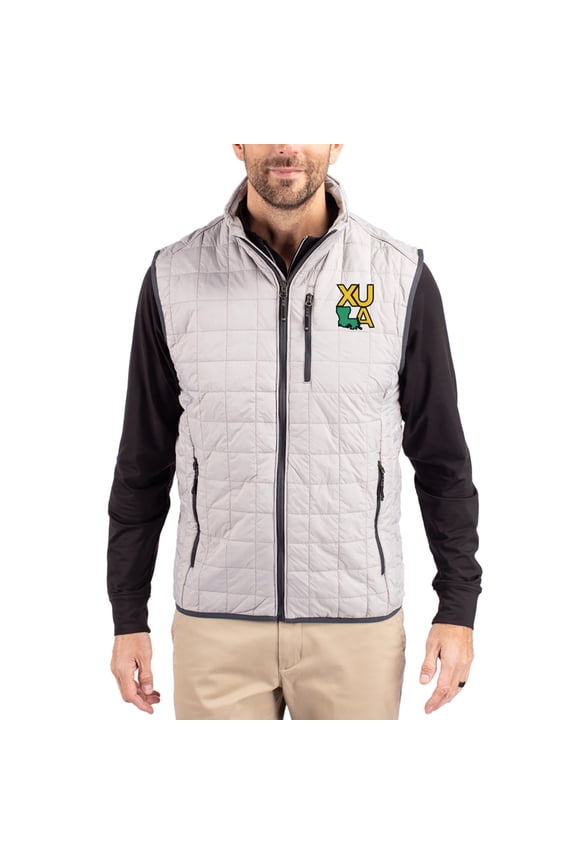 Men's-Cutter & Buck Gray Xavier University of Louisiana Gold Rush Rainier Eco Insulated PrimaLoft Full-Zip Puffer Vest