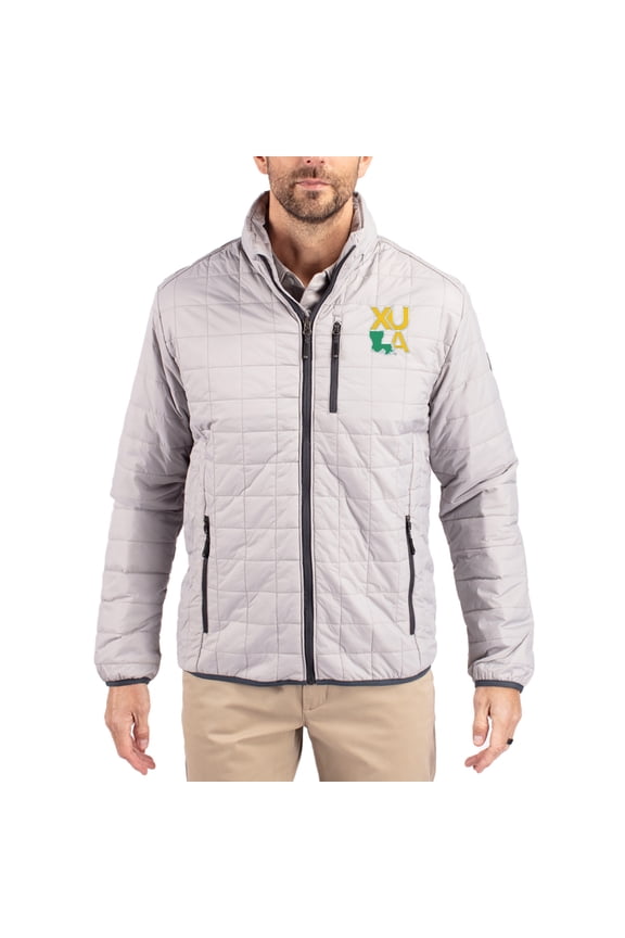 Men's-Cutter & Buck Gray Xavier University of Louisiana Gold Rush Rainier Eco Insulated PrimaLoft Full-Zip Puffer