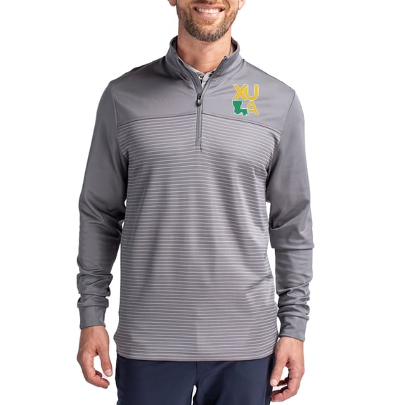 Men's-Cutter & Buck Gray Xavier University of Louisiana Gold Rush Traverse Stretch Eco Stripe DryTec Tri-Blend