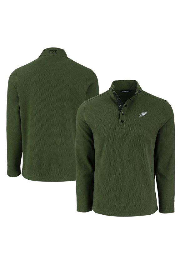 Men's Cutter & Buck Green Philadelphia Eagles Hunts Point Eco Textured Fleece Recycled Half-Snap Sweatshirt