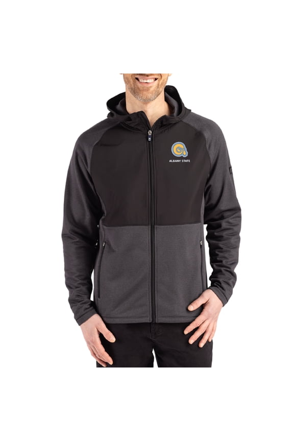 Men's Cutter & Buck Heather Black Albany State Golden Rams Peshastin Eco Fleece Recycled Raglan Full-Zip Tri-Blend