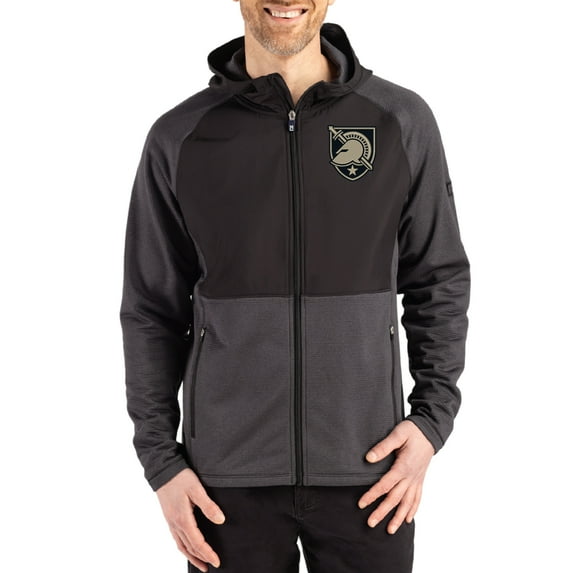 Men's Cutter & Buck Heather Black Army Black Knights Peshastin Eco Fleece Recycled Raglan Full-Zip Tri-Blend Hybrid
