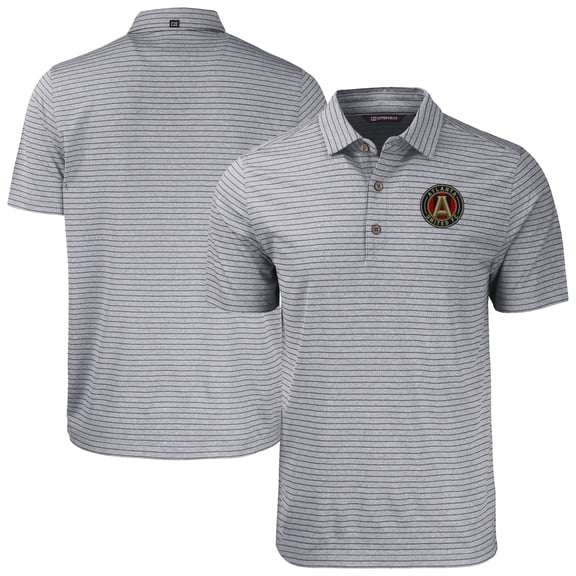Men's-Cutter & Buck Heather Black Atlanta United FC Forge Eco Heather Stripe Stretch Recycled Polo