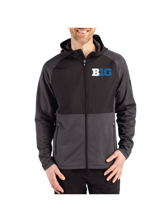 Men's Cutter & Buck Heather Black Big Ten Peshastin Eco Fleece Recycled Raglan Full-Zip Tri-Blend Hybrid Jacket