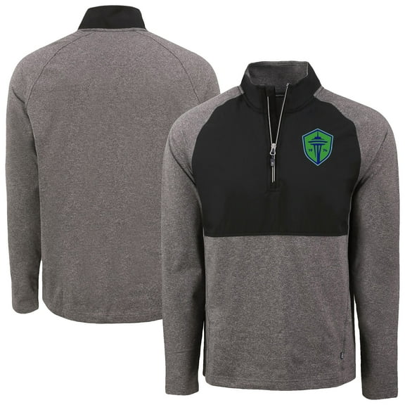 Men's-Cutter & Buck Heather Black/Black Seattle Sounders FC Adapt Eco Knit Hybrid Recycled Raglan Quarter-Zip Top