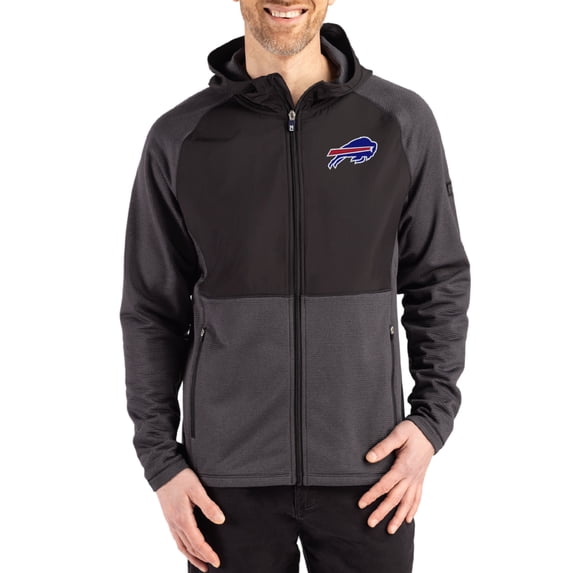 Men's Cutter & Buck Heather Black Buffalo Bills Peshastin Eco Fleece Recycled Raglan Full-Zip Tri-Blend Hybrid Jacket