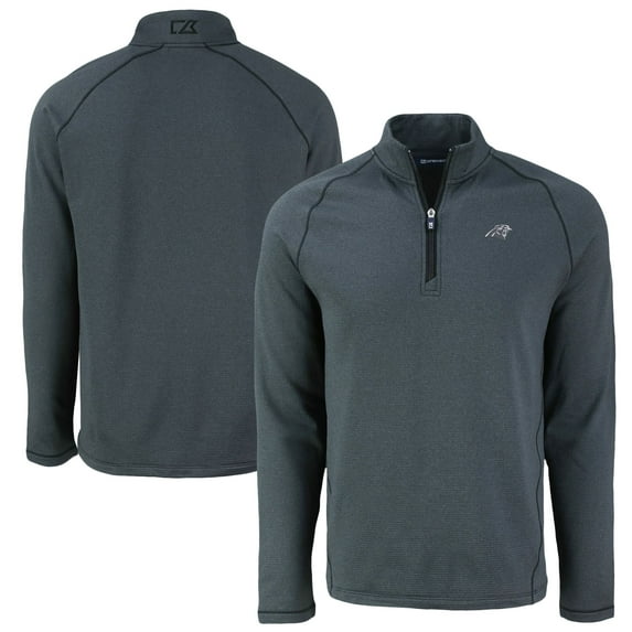 Men's Cutter & Buck Heather Black Carolina Panthers Peshastin Eco Fleece Tri-Blend Raglan Recycled Quarter-Zip Jacket