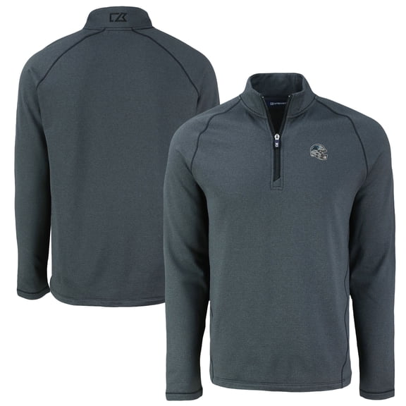 Men's Cutter & Buck Heather Black Carolina Panthers Peshastin Eco Fleece Tri-Blend Raglan Recycled Quarter-Zip Jacket