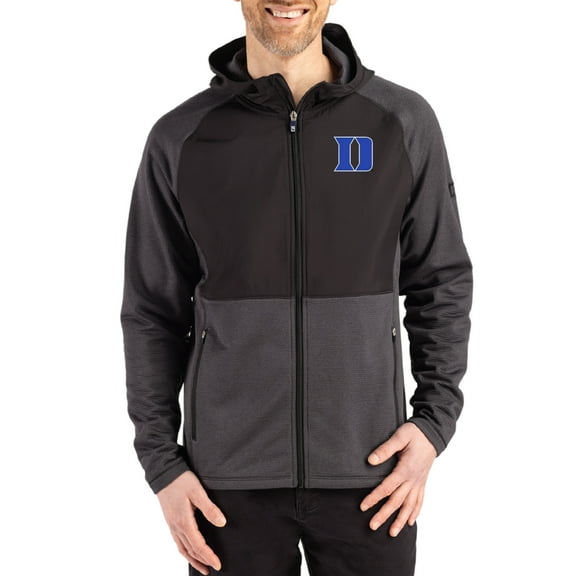 Men's Cutter & Buck Heather Black Duke Blue Devils Peshastin Eco Fleece Recycled Raglan Full-Zip Tri-Blend Hybrid Jacket