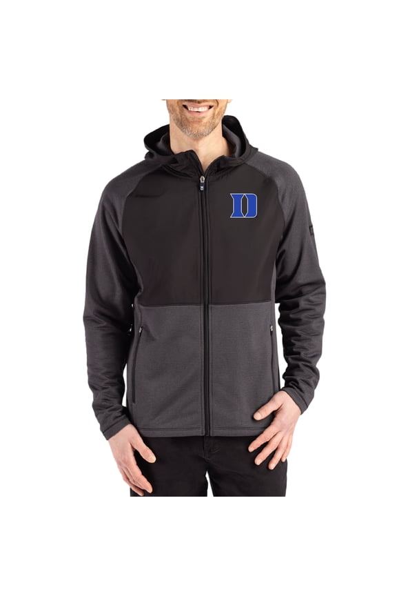 Men's Cutter & Buck Heather Black Duke Blue Devils Peshastin Eco Fleece Recycled Raglan Full-Zip Tri-Blend Hybrid Jacket