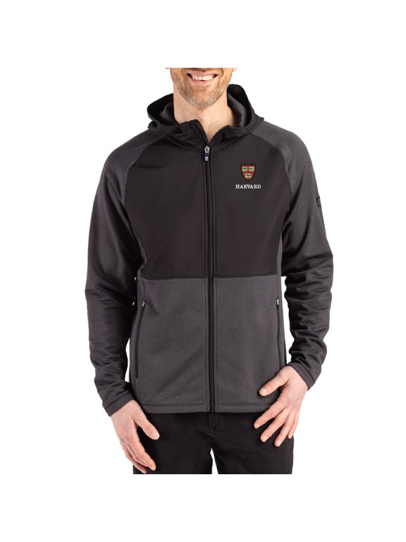 Men's Cutter & Buck Heather Black Harvard Crimson Peshastin Eco Fleece Recycled Raglan Full-Zip Tri-Blend Hybrid Jacket