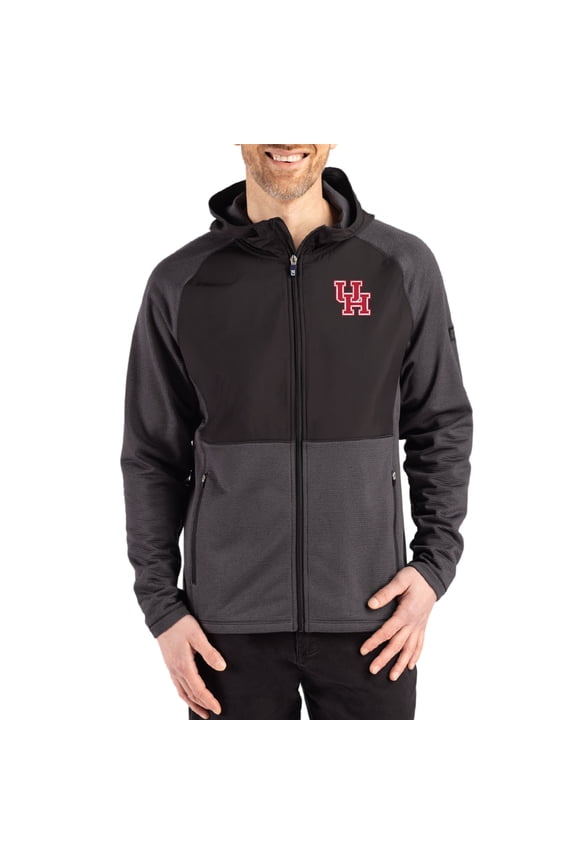 Men's Cutter & Buck Heather Black Houston Cougars Peshastin Eco Fleece Recycled Raglan Full-Zip Tri-Blend Hybrid Jacket