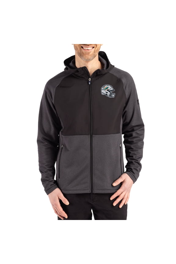 Men's Cutter & Buck Heather Black Miami Dolphins Peshastin Eco Fleece Recycled Raglan Full-Zip Tri-Blend Hybrid Jacket