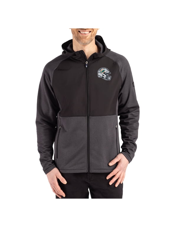 Men's Cutter & Buck Heather Black Miami Dolphins Peshastin Eco Fleece Recycled Raglan Full-Zip Tri-Blend Hybrid Jacket