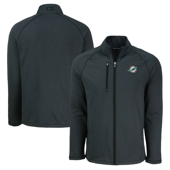 Men's Cutter & Buck Heather Black Miami Dolphins Peshastin Eco Fleece Recycled Raglan Tri-Blend Full-Zip Jacket