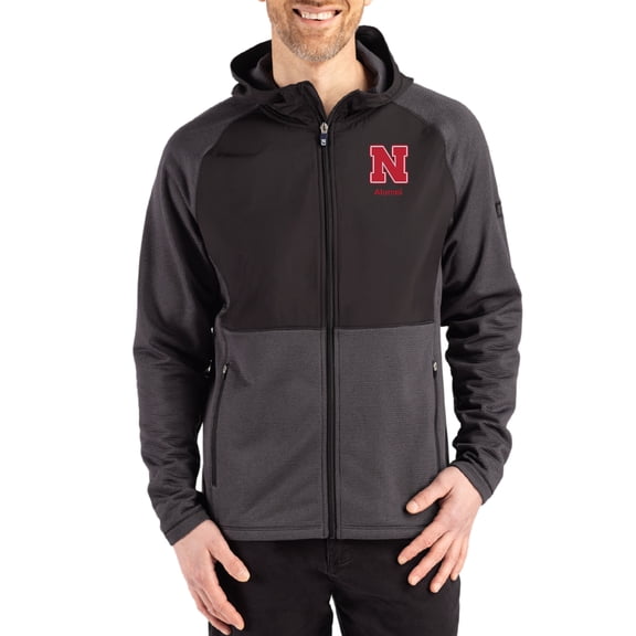 Men's Cutter & Buck Heather Black Nebraska Huskers Peshastin Eco Fleece Recycled Raglan Full-Zip Tri-Blend Hybrid Jacket