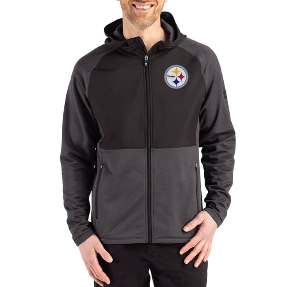 Men's Cutter & Buck  Heather Black Pittsburgh Steelers Peshastin Eco Fleece Recycled Raglan Full-Zip Tri-Blend Hybrid