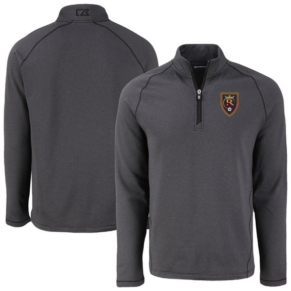Men's-Cutter & Buck  Heather Black Real Salt Lake Peshastin Eco Fleece Recycled Raglan Half-Zip Top