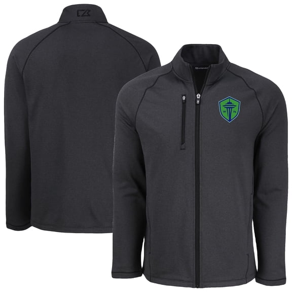 Men's-Cutter & Buck Heather Black Seattle Sounders FC Peshastin Eco Fleece Recycled Raglan Full-Zip Jacket