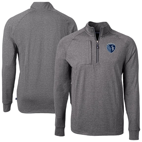 Men's-Cutter & Buck Heather Black Sporting Kansas City Adapt Eco Knit Heather Raglan Quarter-Zip Top