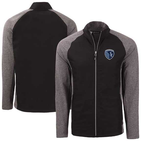 Men's-Cutter & Buck Heather Black Sporting Kansas City Adapt Eco Knit Hybrid Recycled Full-Zip Jacket