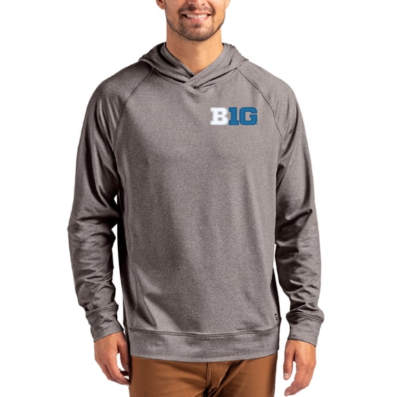 Men's Cutter & Buck Heather Charcoal Big Ten Gear Primary Logo Adapt Knit Raglan Pullover Hoodie