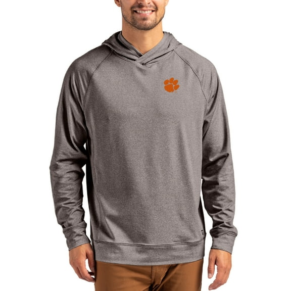 Men's Cutter & Buck Heather Charcoal Clemson Tigers Primary Logo Adapt Knit Raglan Pullover Hoodie