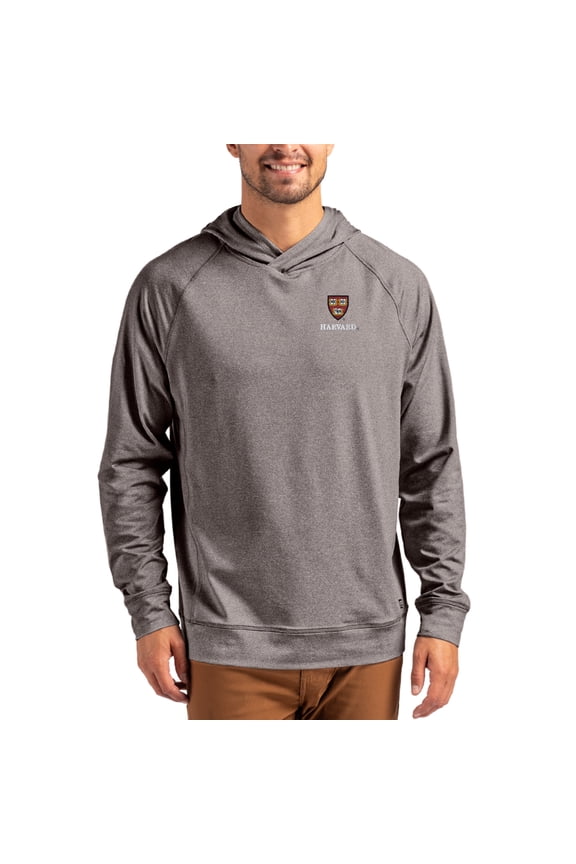 Men's Cutter & Buck Heather Charcoal Harvard Crimson Primary Logo Adapt Knit Raglan Pullover Hoodie