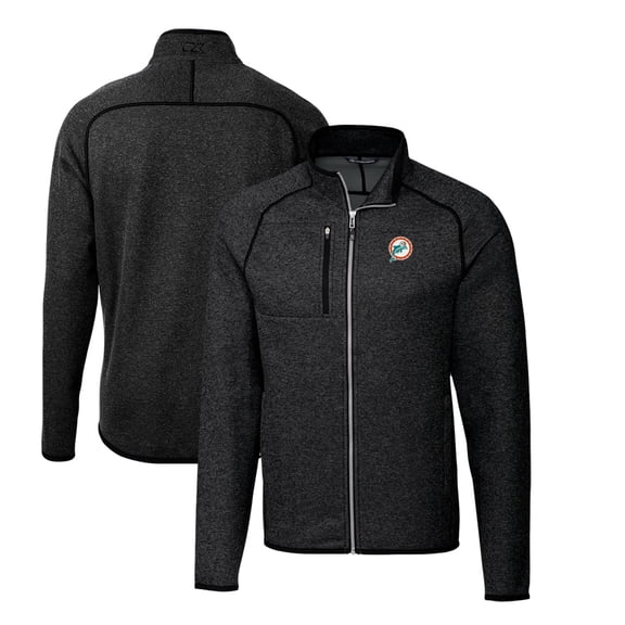 Men's Cutter & Buck Heather Charcoal Miami Dolphins Throwback Logo Mainsail Sweater-Knit Big & Tall Full-Zip Pullover