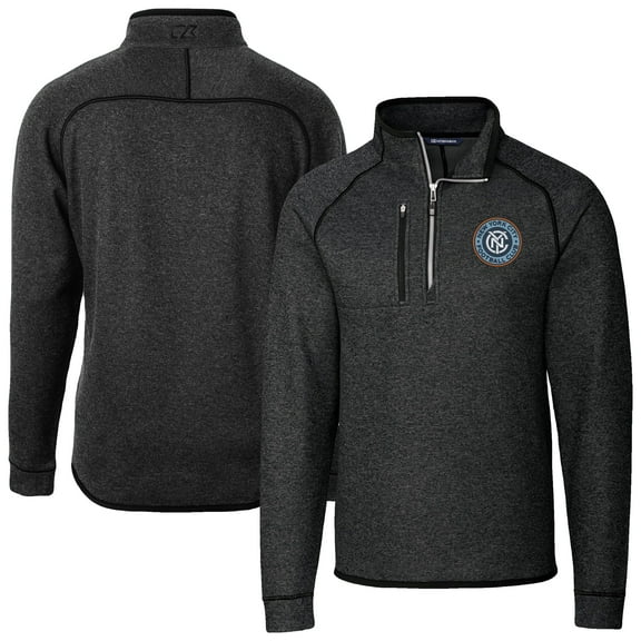 Men's-Cutter & Buck  Heather Charcoal New York City FC Big & Tall Mainsail Sweater-Knit Half-Zip Pullover Top