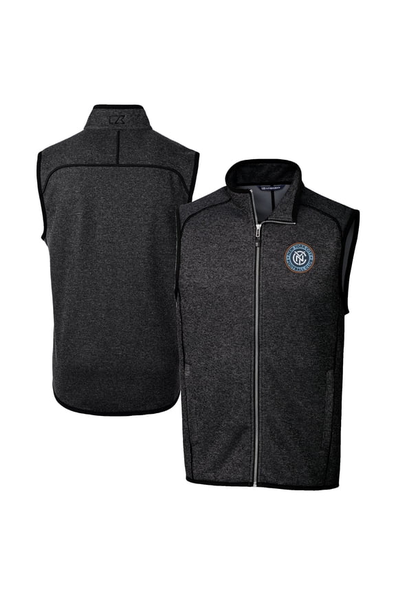 Men's Cutter & Buck Heather Charcoal New York City FC Mainsail Sweater-Knit Full-Zip Vest