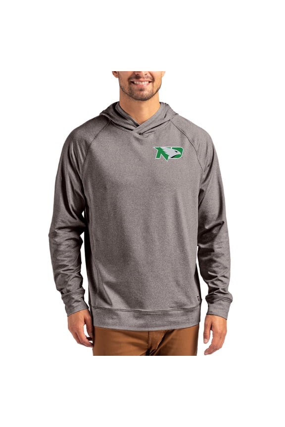 Men's Cutter & Buck Heather Charcoal North Dakota Primary Logo Adapt Knit Raglan Pullover Hoodie