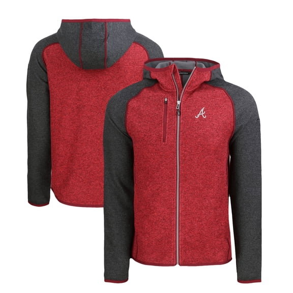 Men's Cutter & Buck Heather Charcoal/Red Atlanta Braves Mainsail Full-Zip Hooded Jacket