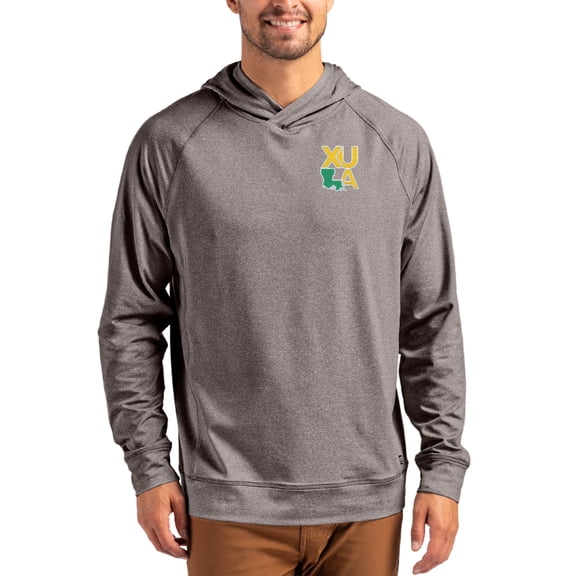 Men's Cutter & Buck Heather Charcoal Xavier University of Louisiana Gold Rush Primary Logo Adapt Knit Raglan Pullover