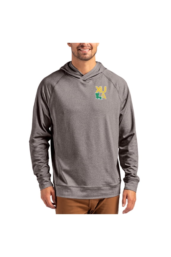 Men's Cutter & Buck Heather Charcoal Xavier University of Louisiana Gold Rush Primary Logo Adapt Knit Raglan Pullover