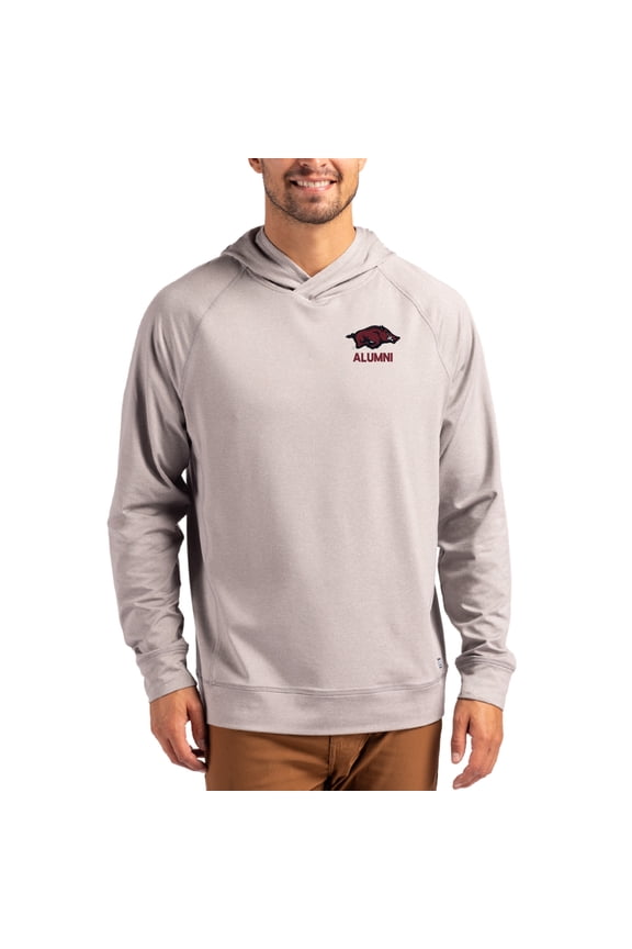 Men's Cutter & Buck Heather Gray Arkansas Razorbacks Alumni Logo Adapt Knit Raglan Pullover Hoodie